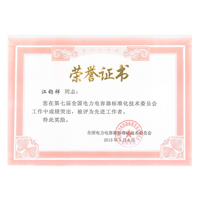 江鈞祥電力電容器標(biāo)準(zhǔn)委員會先進工作者榮譽證書